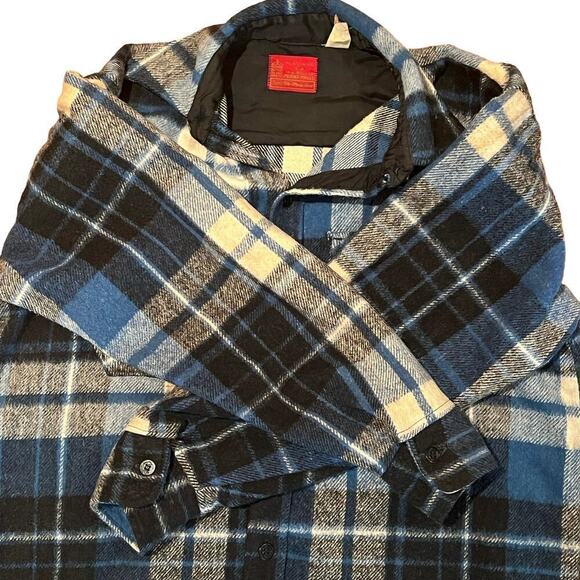 Vintage 70s Kings Road Loop Collar Wool Flannel Shirt Blue Plaid Sears Sz Large - Picture 2 of 8